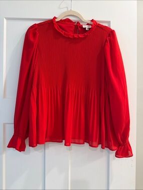 Wonderly Bright Red Pleated Ruffle-Neck Blouse